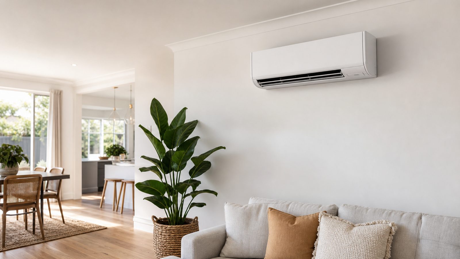 Clean modern living room with split-system mounted high on the wall